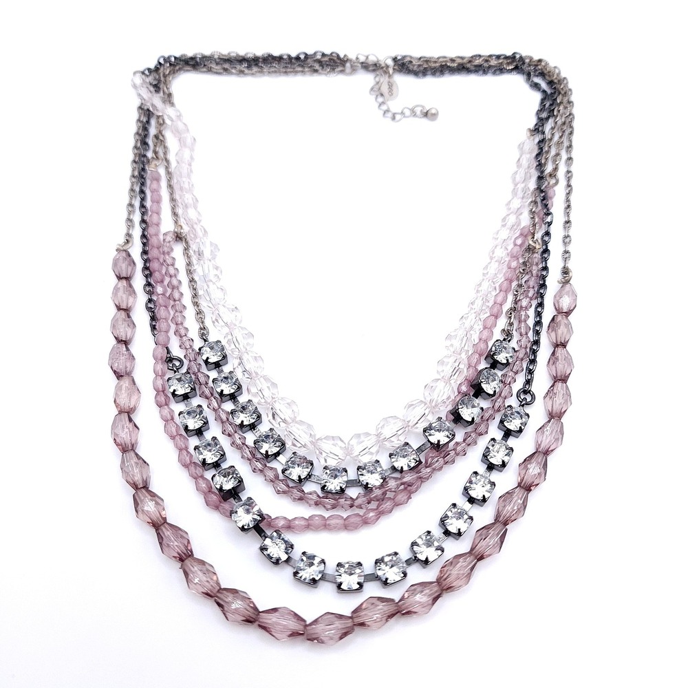 AEO American Eagle Pink Bead Necklace Rhinestone Layered 16in